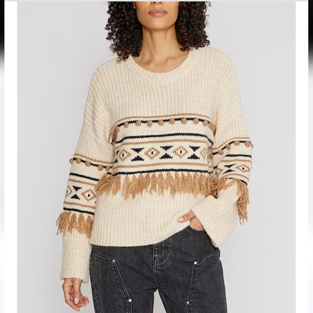 Nwt DRIFTWOOD Tasseled Geo-Print Dropped-Shoulder Tan Fringed Sweater Small